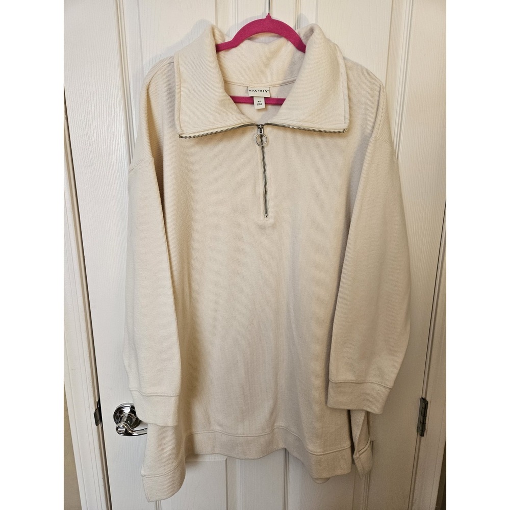 Ava & Viv Cream Collared LS Sweatshirt 1/2 Zip Pullover Ribbed Slits, Plus 4X